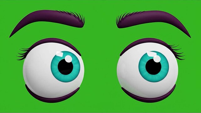 Animated cartoon eyes looking left and right with purple eyebrows and eyelashes on green screen