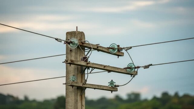 Power lines strung on a concrete pole against a cloudy sky