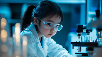 Young budding scientist intently examines a sample with a microscope for International Week of Science and Peace