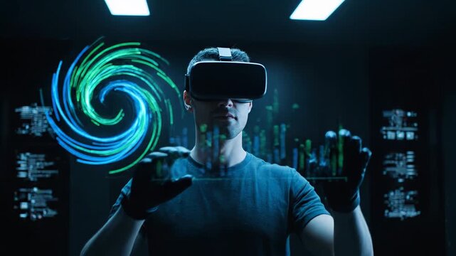 Male IT professional wearing VR headset and haptic gloves interacting with a futuristic user interface displaying charts and data