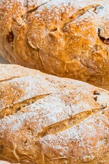 Close up view of two golden brown baguettes dusted with flour