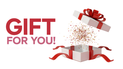 A surprise gift box opens with colorful confetti, transparent png, isolated on black.