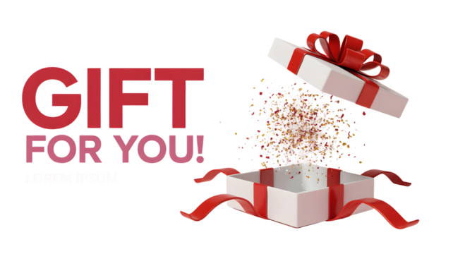 A surprise gift box opens with colorful confetti, transparent png, isolated on black.