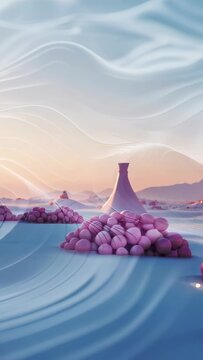 Vertical video: Gliding camera across rippled ground, revealing pink spheres and conical tower