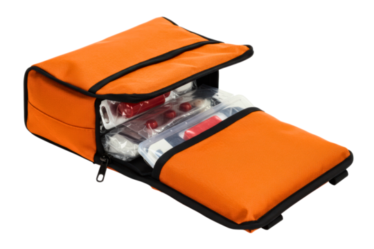 Open the orange first aid kit bag with emergency medical supplies on a transparent background