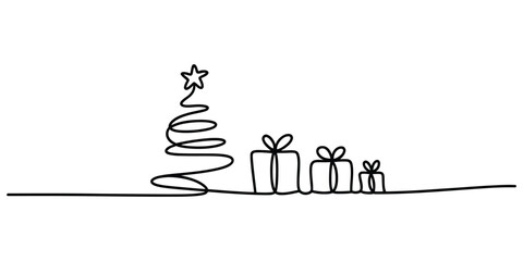 Minimalist continuous line art of christmas tree and gifts