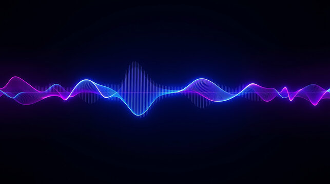 Abstract audio waveform visual representation glowing with vibrant blue and purple hues against black background - Powered by Adobe