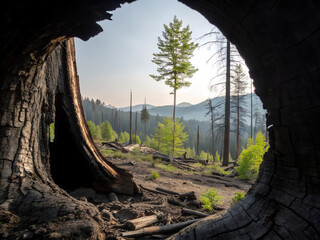 Obraz premium Fire-blackened tree stump, hollow window framing vibrant green forest background, deforestation loss melancholic.