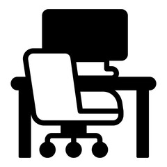 Desk with computer monitor and chair solid icon, home workspace concept, workplace vector sign on white background, glyph style icon mobile concept web design. Vector graphics.