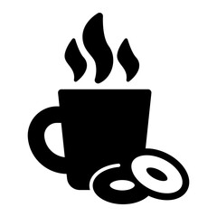 Cup of tea and bagel solid icon, coffee break concept, hot mug and gingerbread vector sign on white background, glyph style icon mobile concept web design. Vector graphics.