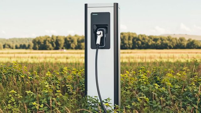 An electric vehicle charging station in a rural field.