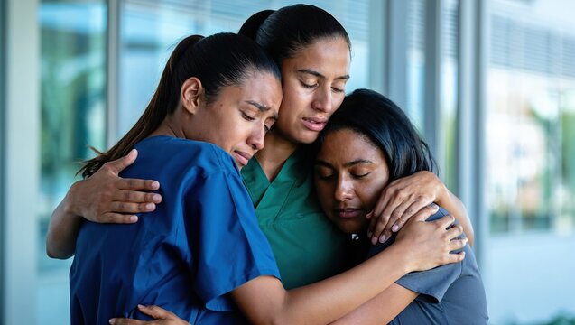 Healthcare workers team hugging emotionally showing support empathy and unity after difficult moment in hospital.