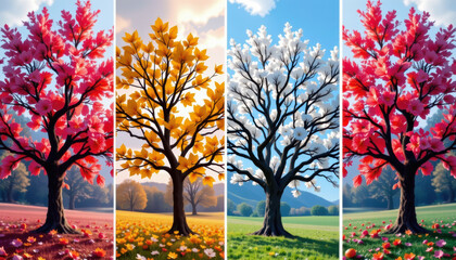 Fototapeta premium Four Seasons Tree Display Nature's Beauty Through the Year Vibrant Colors Scenic Landscape Captivating View