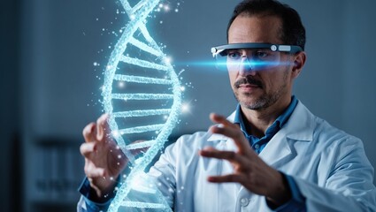 Scientist using augmented reality to analyze holographic dna strand in futuristic genetic research laboratory.