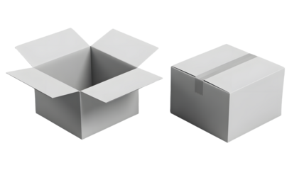 Two white boxes, one open and one closed, isolated on transparent png.