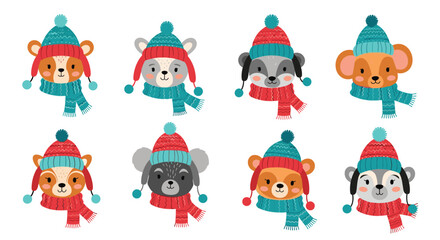 Obraz premium Adorable collection of cute animal faces, including a bear, koala, and raccoon, all wearing cozy knitted winter hats and scarves in red and blue on a white background.