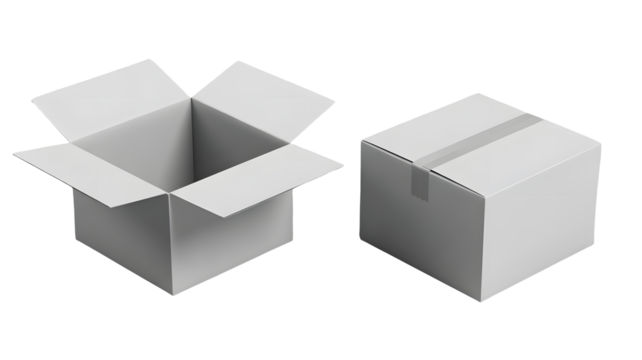 Two white boxes, one open and one closed, isolated on transparent png.