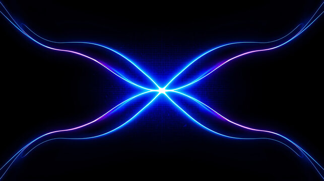 Abstract blue and purple neon light trails intersecting with starburst effect in the center