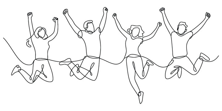 Four friends celebrate success with joyful jump, continuous line