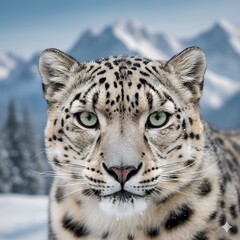 Fototapeta premium Close-up portrait of a majestic snow leopard with pale green eyes, set against a blurred background of snowy mountains and winter forest