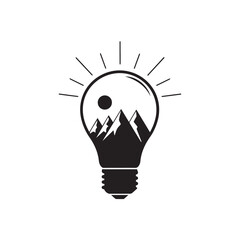 Light bulb with mountains and sun inside, isolated on white background