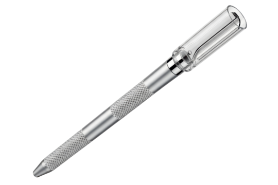 Precision craft knife with a knurled metal handle and cap on a transparent background