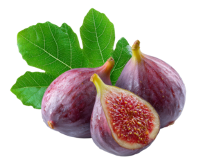 Sweet Figs with Lush Greenery: A close-up showcases plump, ripe figs alongside vibrant green leaves, inviting a sense of freshness and natural sweetness. 