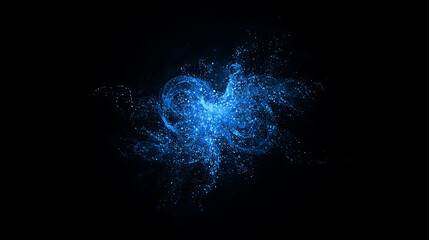 Abstract blue light burst with swirling patterns and star like glowing effect on black background