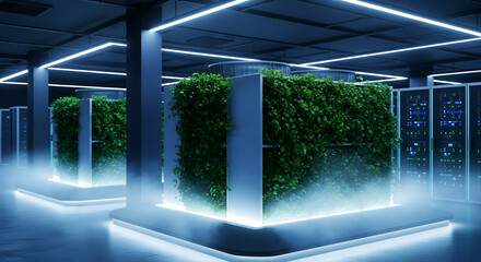 Futuristic vertical farm with glowing blue lights and mist creating an innovative sustainable urban agriculture environment