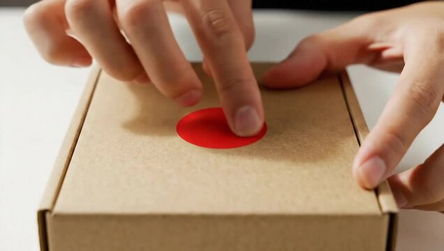 boxing day hands apply red sticker on cardboard box