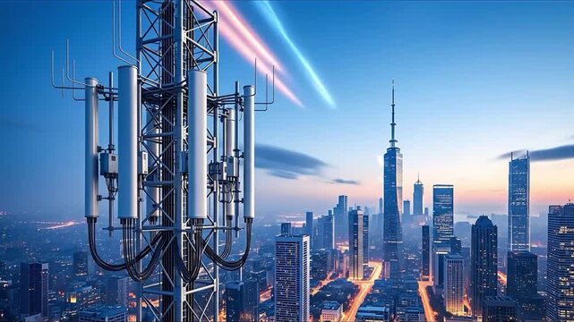 Futuristic 5G Cell Tower Antennae transmitting signals over a modern city skyline at dusk with