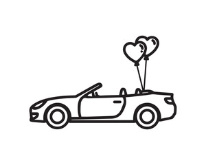Convertible car with heart balloons isolated on white background