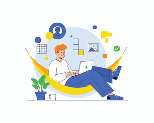 Man working on laptop while relaxing in a hammock