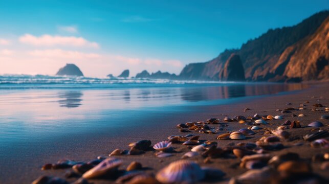 Serene coastal landscape at sunset with colorful seashells scattered on the sandy shore, waves gently lapping