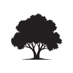 Black silhouette of a large leafy tree isolated on white background