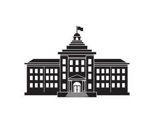 Black silhouette of a classical building with a flag on top