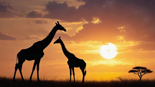 silhouette of giraffe family in savannah on sunset