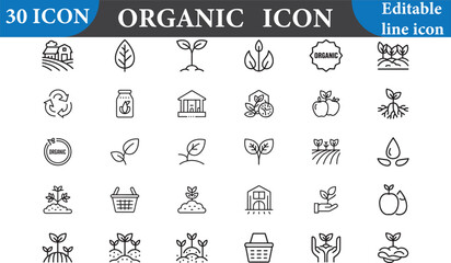 Organic icon set isolated on white background, editable line icon style