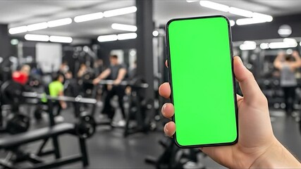 Hand holding green screen smartphone in modern gym with blurred people exercising fitness workout