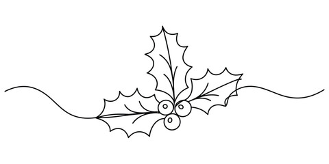 Continuous line drawing of festive holly leaves and berries design