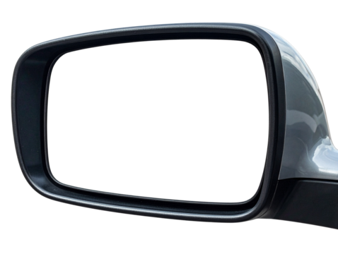 Close-Up of Car Side Mirror with Blank White Screen, Slight Perspective View, Isolated on Transparent Background