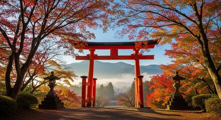 Vibrant Red Torii Gate Amidst Autumn Foliage and Misty Mountains