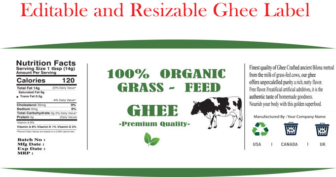 Editable and resizable ghee label with nutritional information and cow illustration.