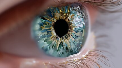 Macro detail of a human eye showing the iris with blue green and gold tones and visible eyelashes