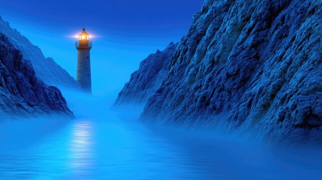 Lighthouse in fog between cliffs at night guidance and safety