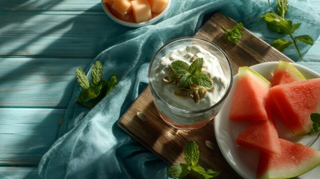 Glass of white cream dessert with mint next to watermelon slices on a blue wooden table