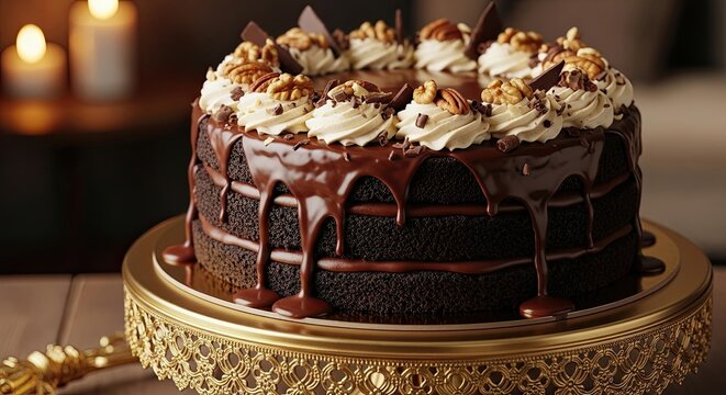 Decadent Chocolate Layer Cake With Whipped Cream Frosting And Walnuts