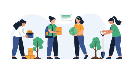 Group of diverse female volunteers working together on environmental and community projects like planting trees and donating goods, promoting teamwork and social responsibility.