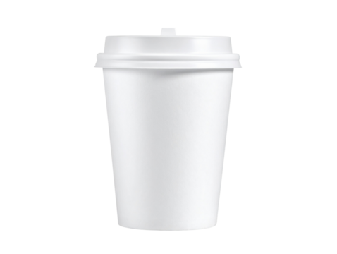 White Disposable Coffee Cup with Lid, Front View, Isolated on Transparent Background 