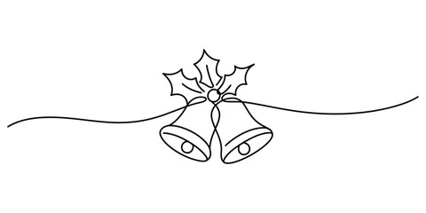 Continuous line art christmas bells with holly decoration element